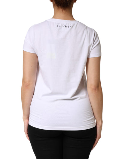 White Printed Cotton Stretch Crew Neck T-shirt