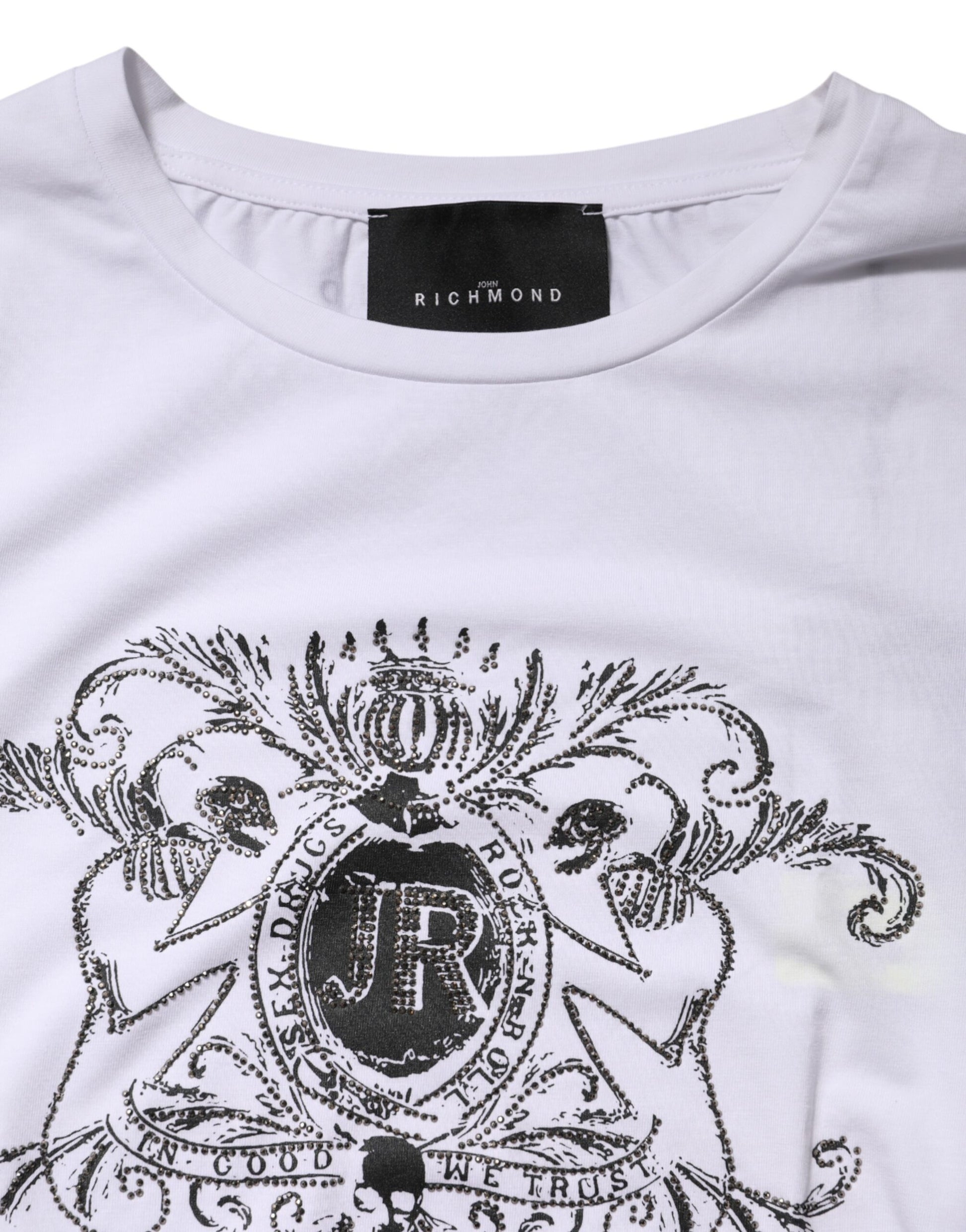 White Printed Cotton Stretch Crew Neck T-shirt