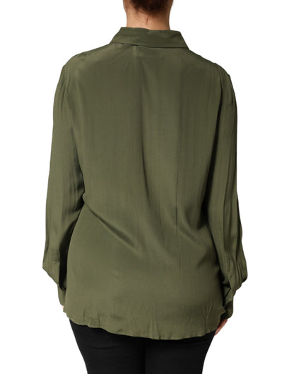 Top Green Acetate Collared Long Sleeves Floral Top