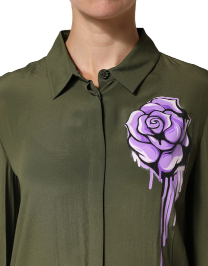 Top Green Acetate Collared Long Sleeves Floral Top