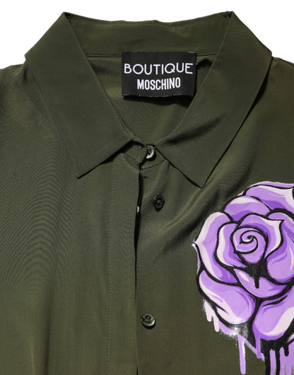 Top Green Acetate Collared Long Sleeves Floral Top