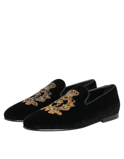 Black Velvet Gold Crown Mens Loafers Shoes