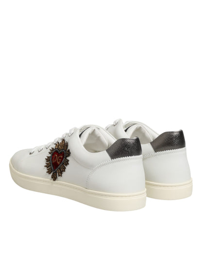 White Leather Heart Embellished Sneakers Shoes