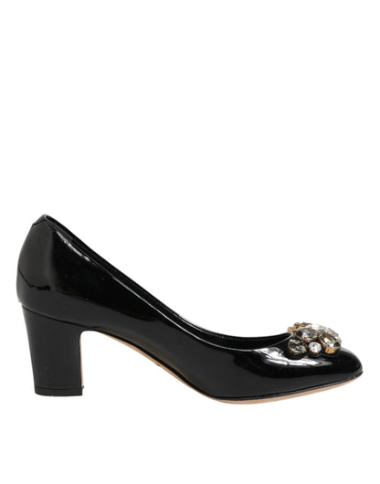 Black Leather Crystals Heels Pumps Shoes