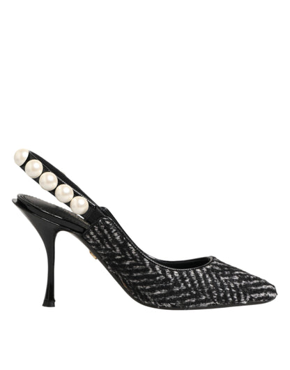 White Black Chevron Faux Pearl Slingbacks Shoes