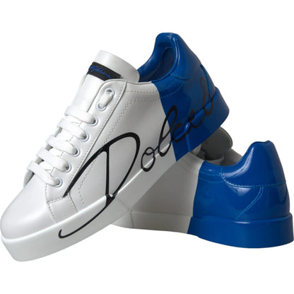 White Blue Logo Low Top Leather Sneakers Shoes