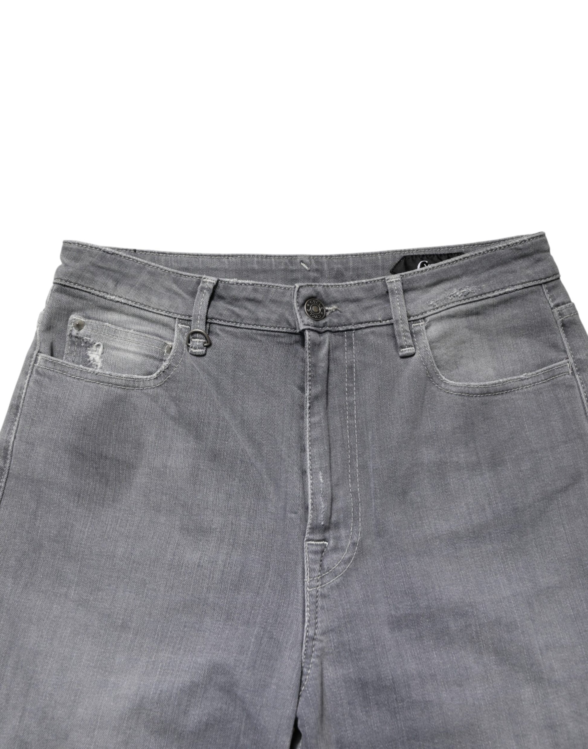 Gray Tattered Mid Waist Men Straight Denim Trouser Jeans