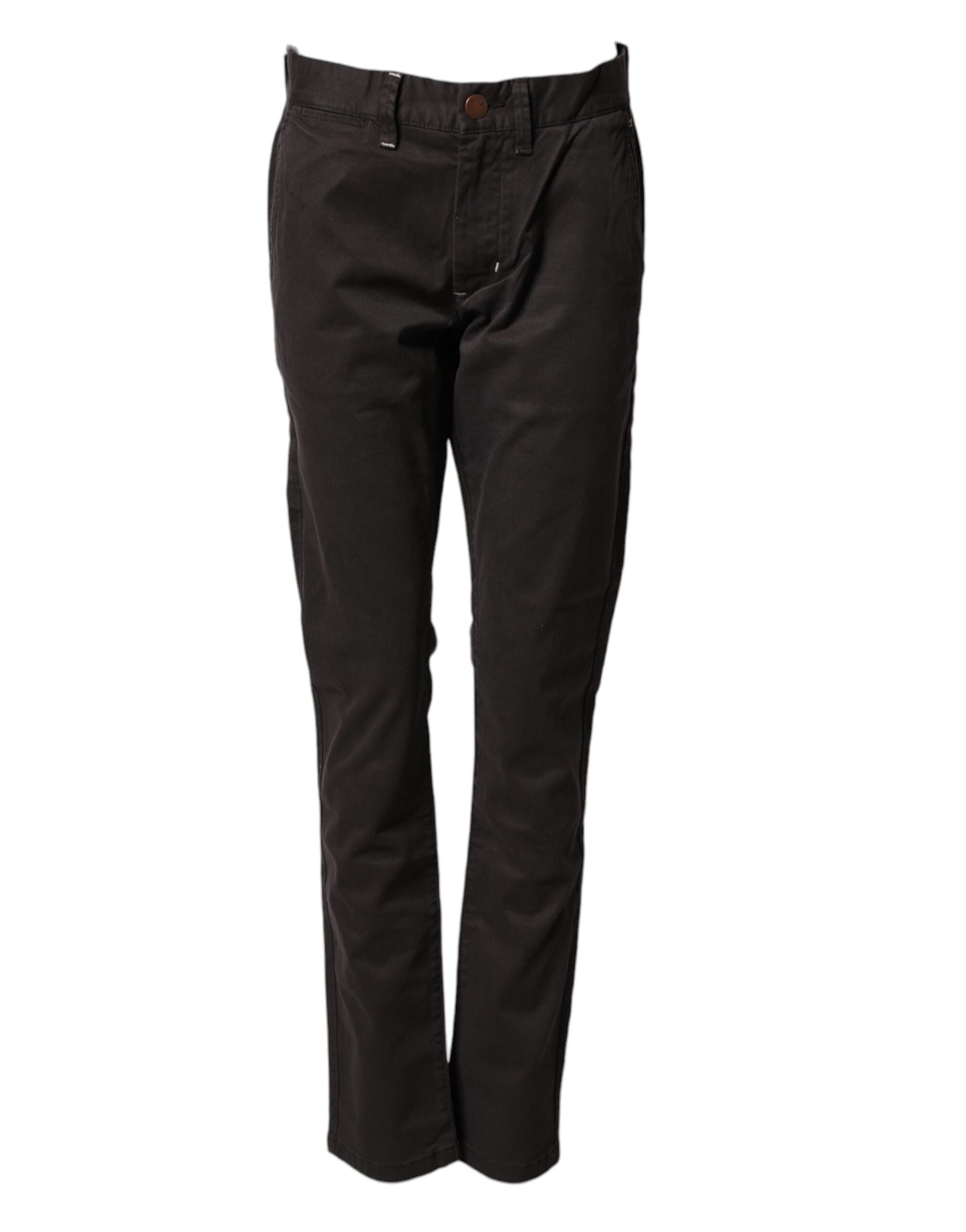 Dark Brown Cotton Stretch Straight Mid Waist Trouser Pants