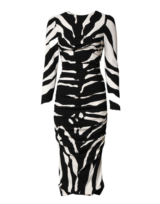 Black White Zebra Viscose Sheath Midi Dress