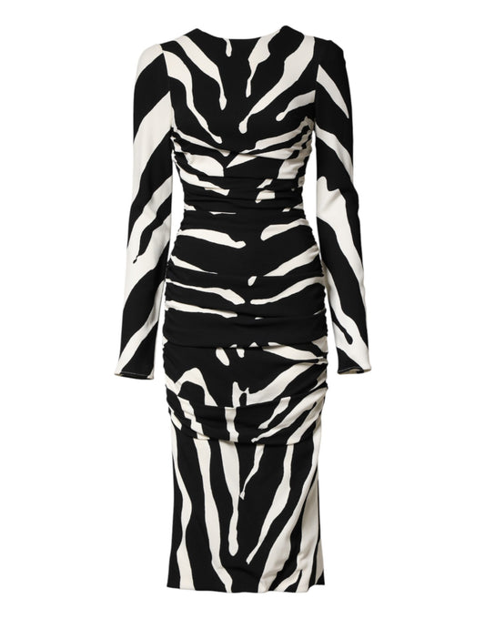 Black White Zebra Viscose Sheath Midi Dress