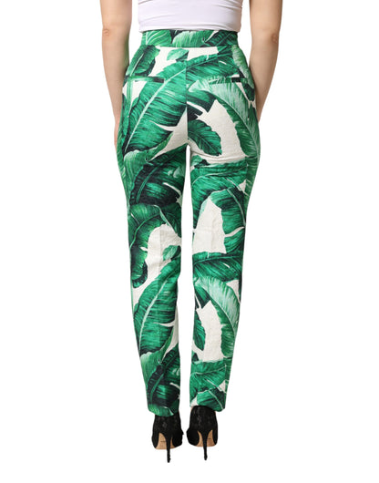 White Green Leaf High Waist Trousers Pants