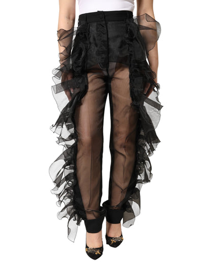 Black High Waist Tulle Wool Trouser Pants