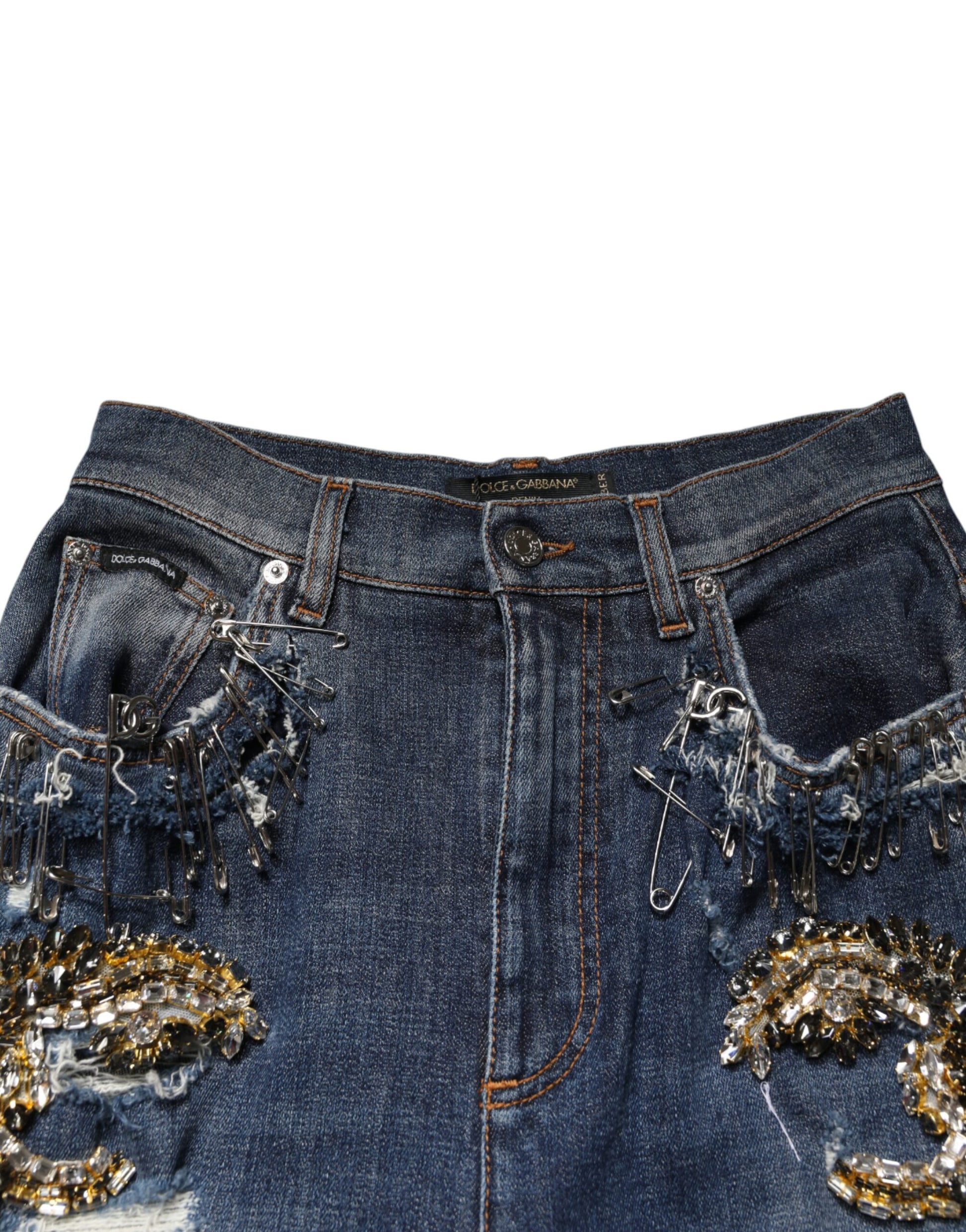 Blue Cotton Rhinestone Embellish Denim Jeans