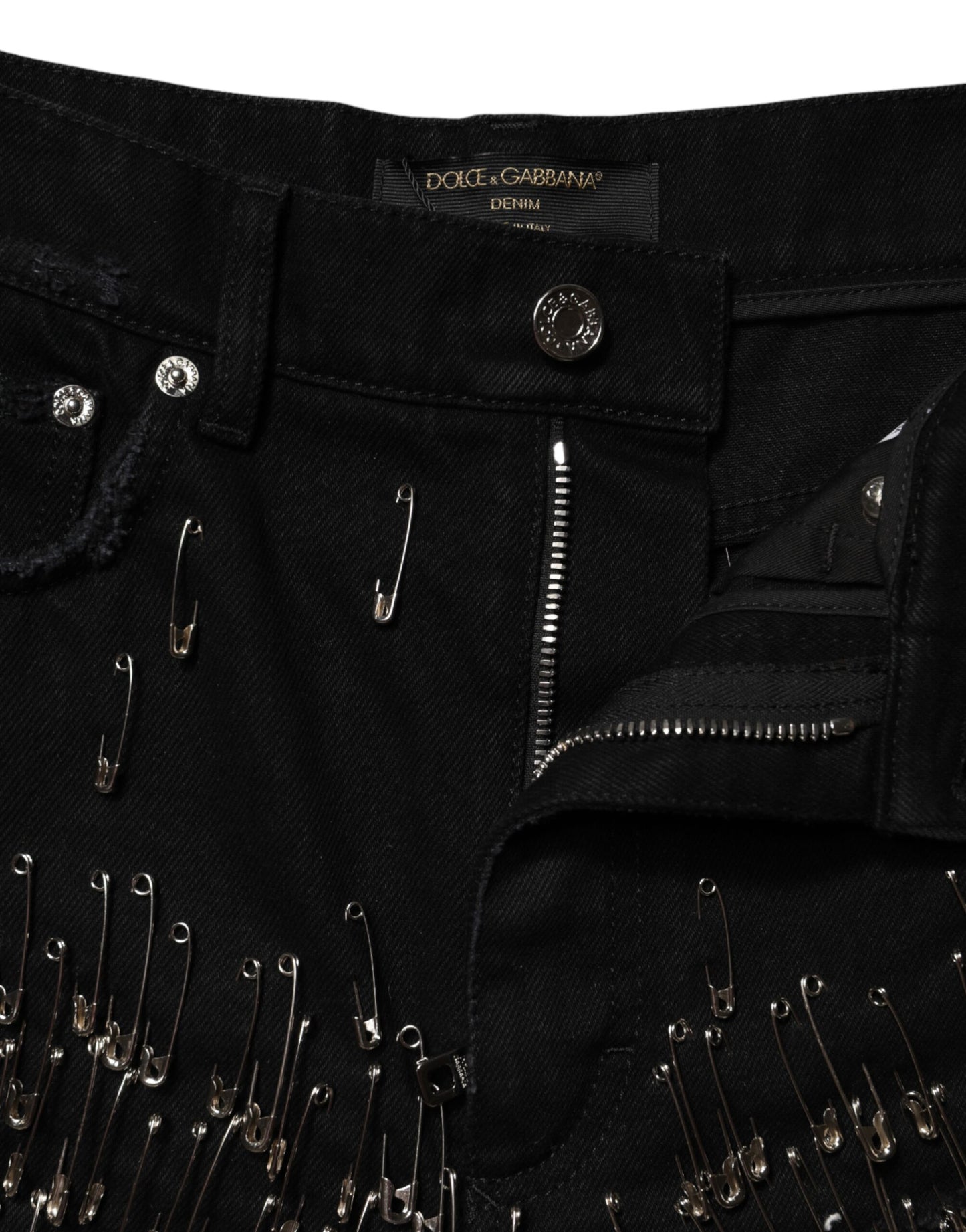 Black Pins Cotton Denim Hot Pants Shorts