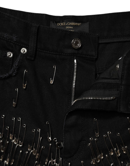 Black Pins Cotton Denim Hot Pants Shorts