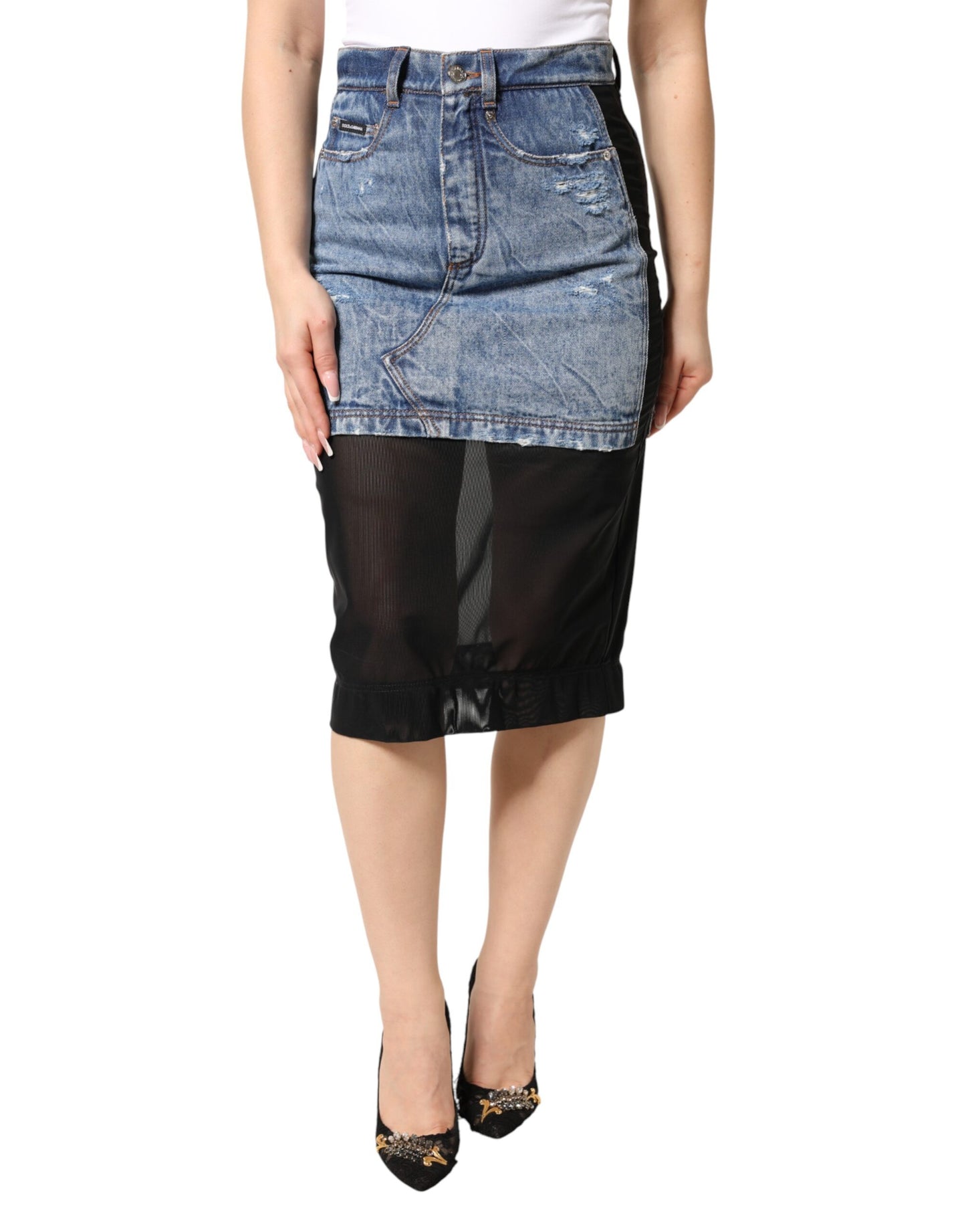 Blue Black Cotton Denim Sheer Midi Skirt