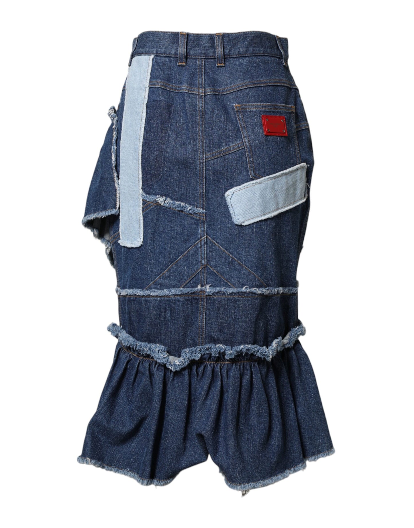 Blue Patchwork Layered Denim Midi Skirt