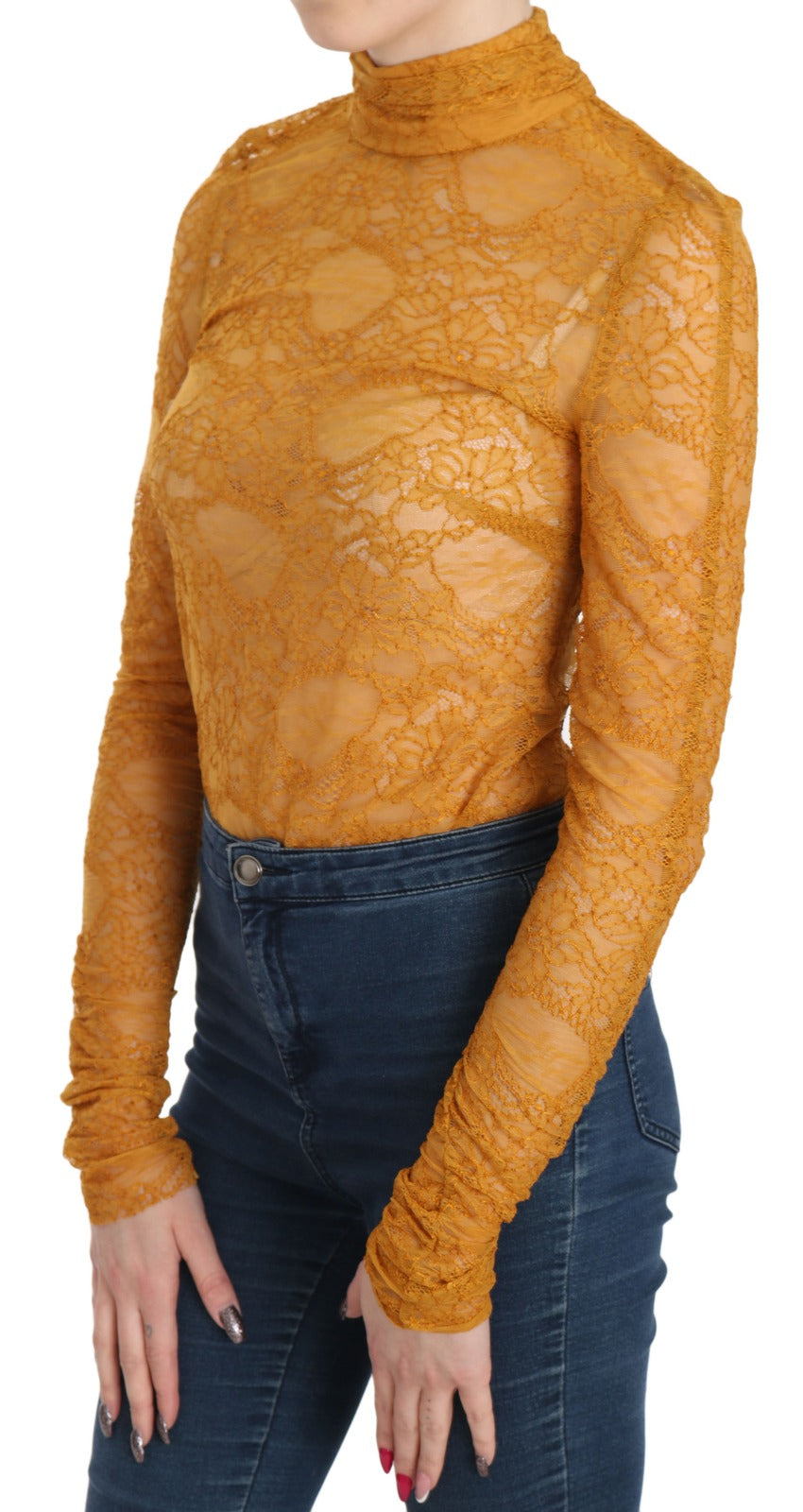 Mustard Turtle Neck Long Sleeve Lace Top Blouse