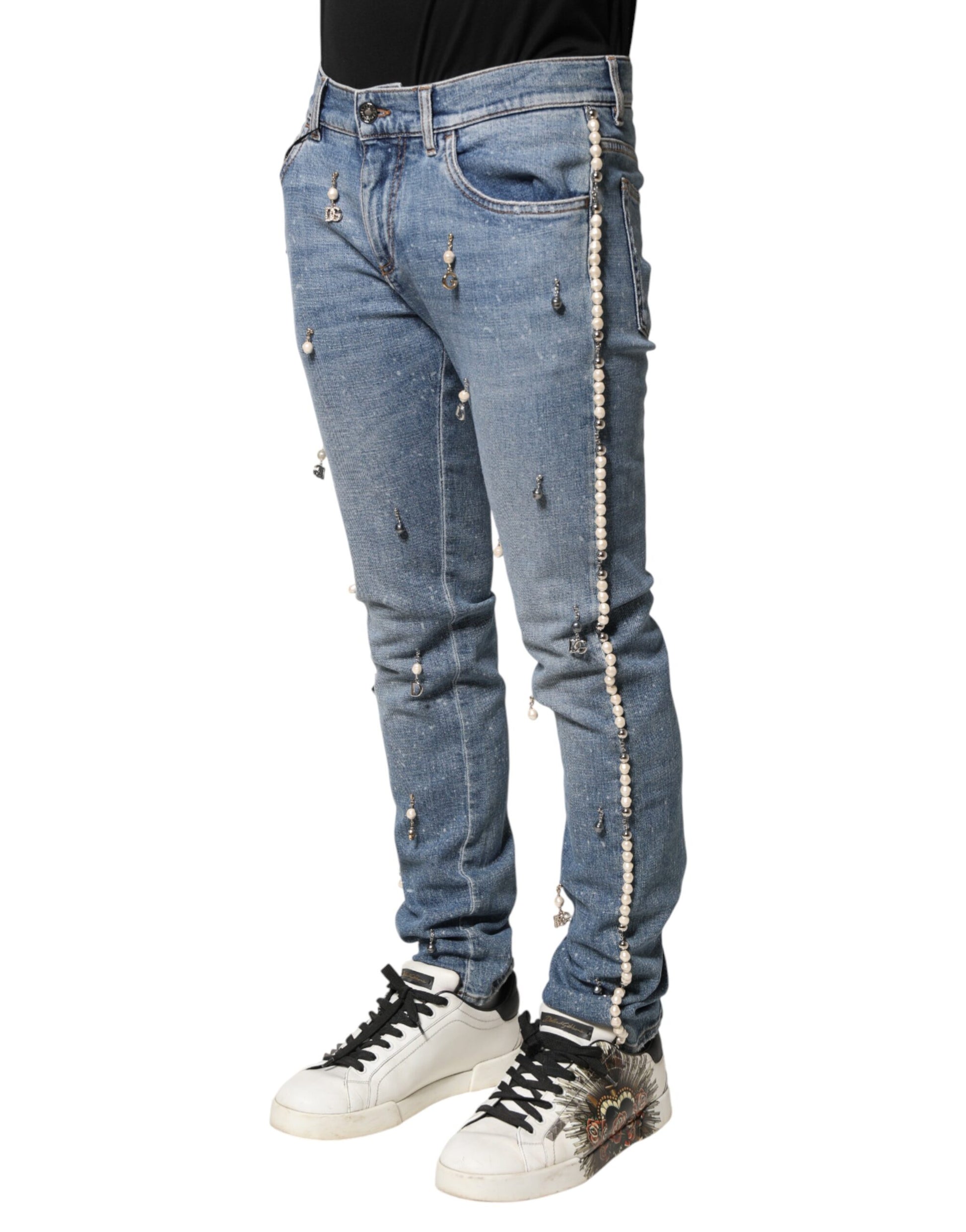 Blue Embellished Cotton Skinny Denim Jeans
