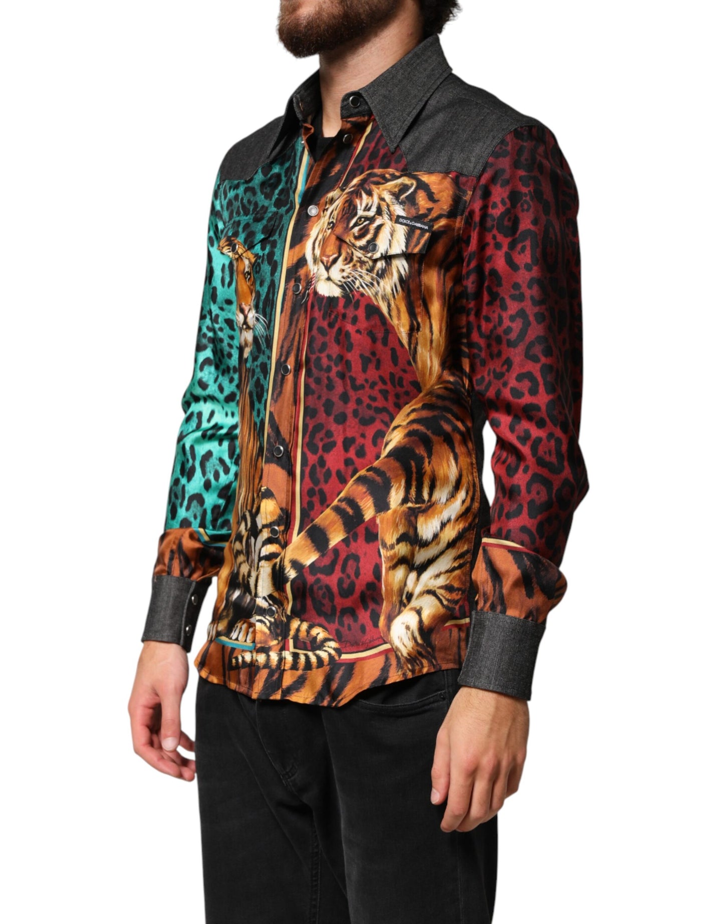 Multicolor Tiger Leopard Print Silk Men Shirt
