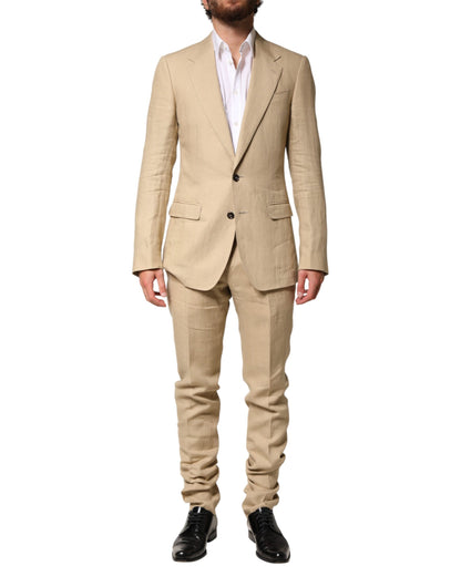 Beige Linen Single Breasted 2 Piece Suit