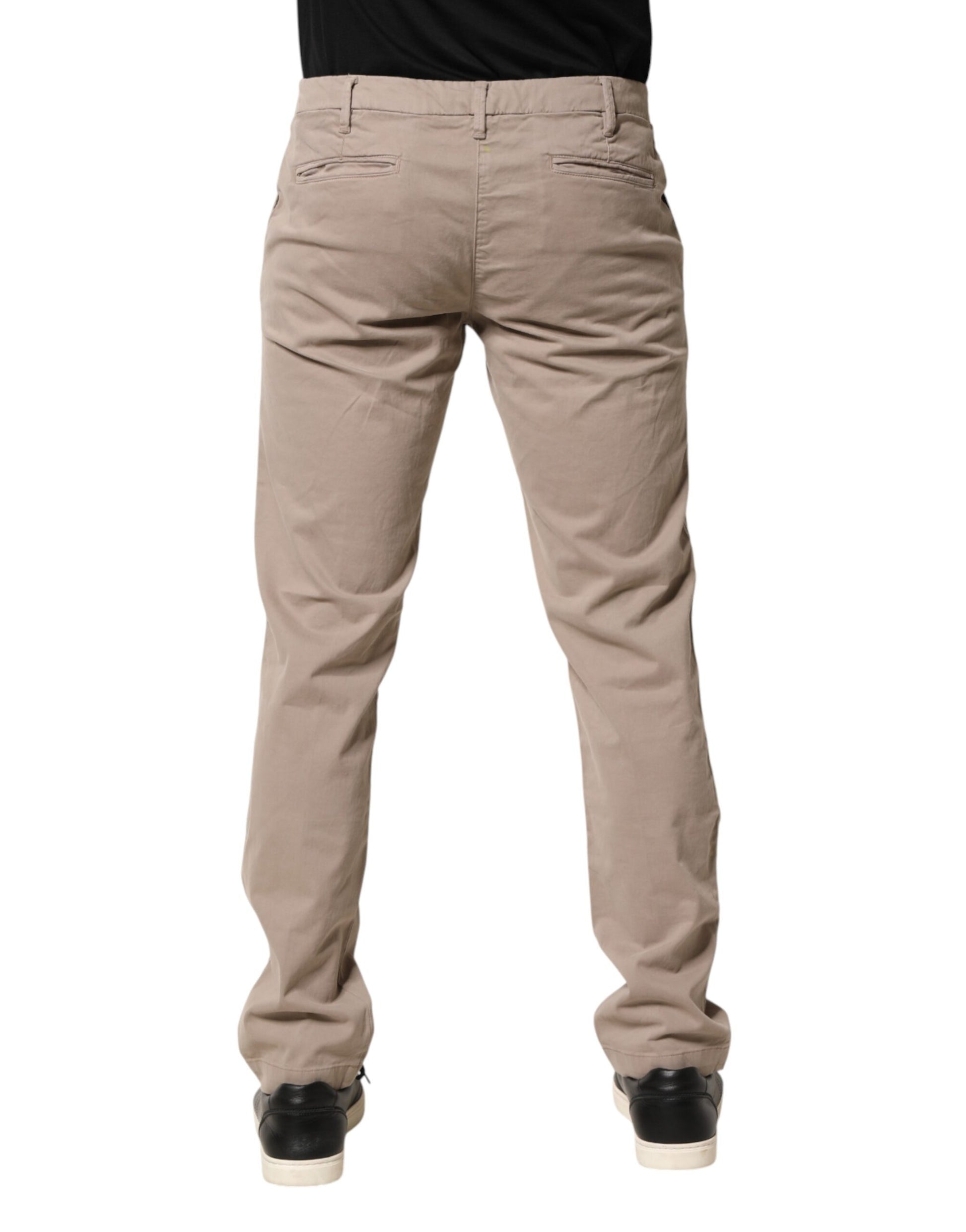 Beige Cotton Stretch Straight Mid Waist Trouser Pants