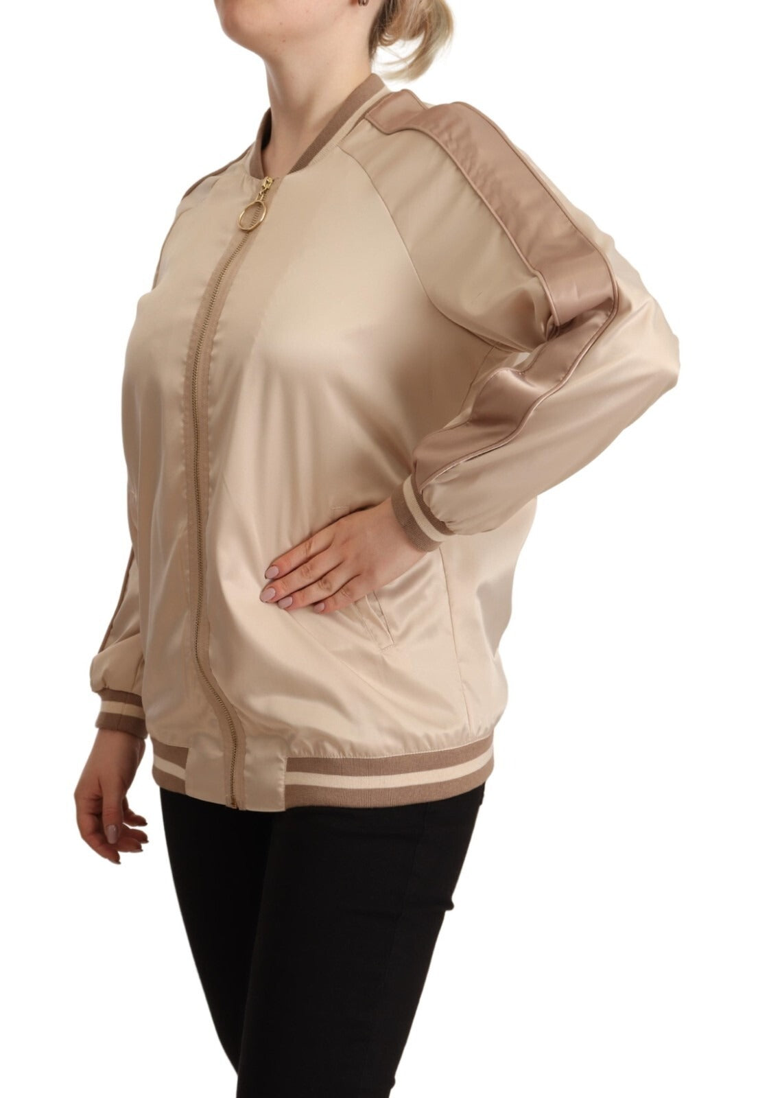 Bomber Full Zip Beige Long Sleeves Polyester Jacket