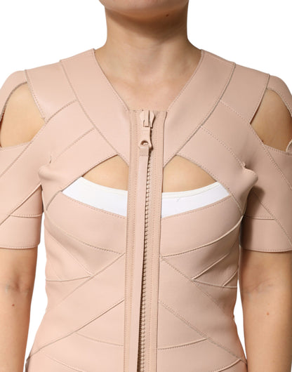 Beige Leather Short Sleeves Sheath Mini Dress