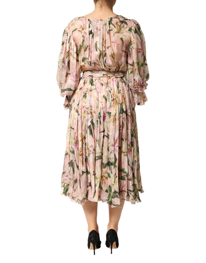 Pink Lily Print A-line Pleated Maxi Dress