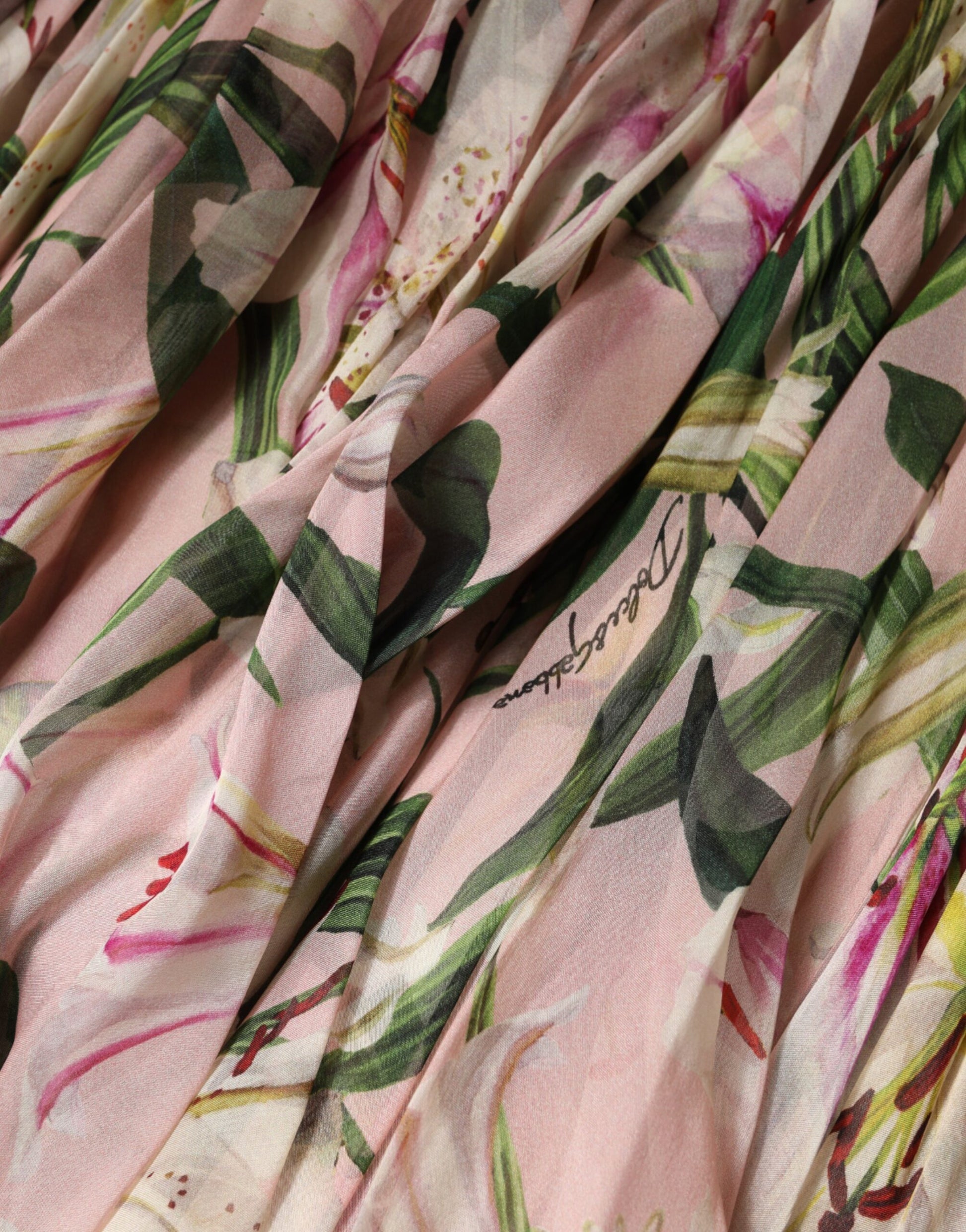 Pink Lily Print A-line Pleated Maxi Dress