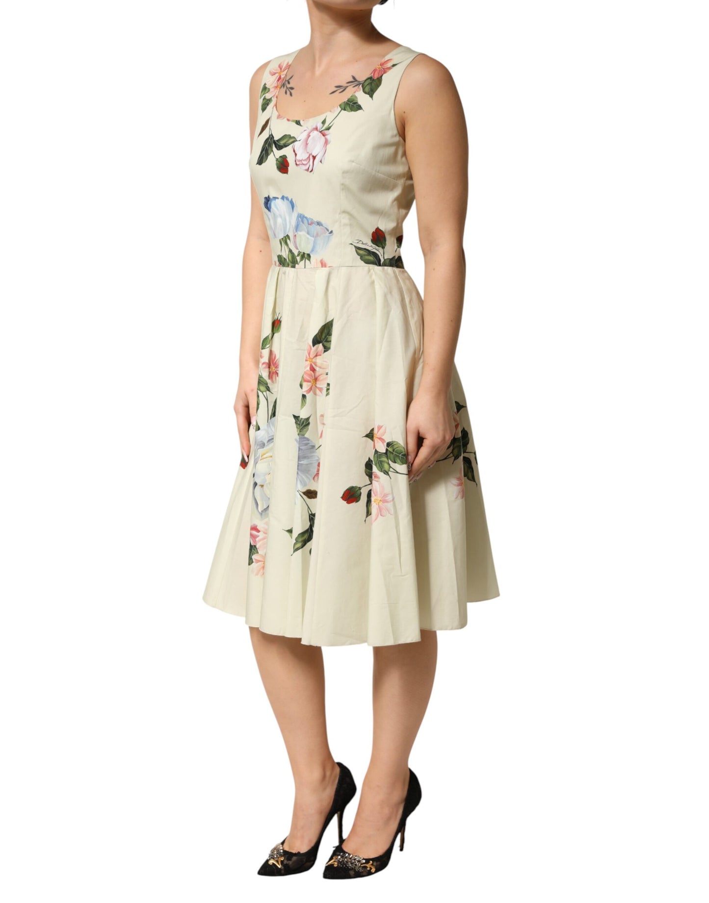 Beige Floral Sleeveless A-line Dress