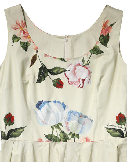 Beige Floral Sleeveless A-line Dress