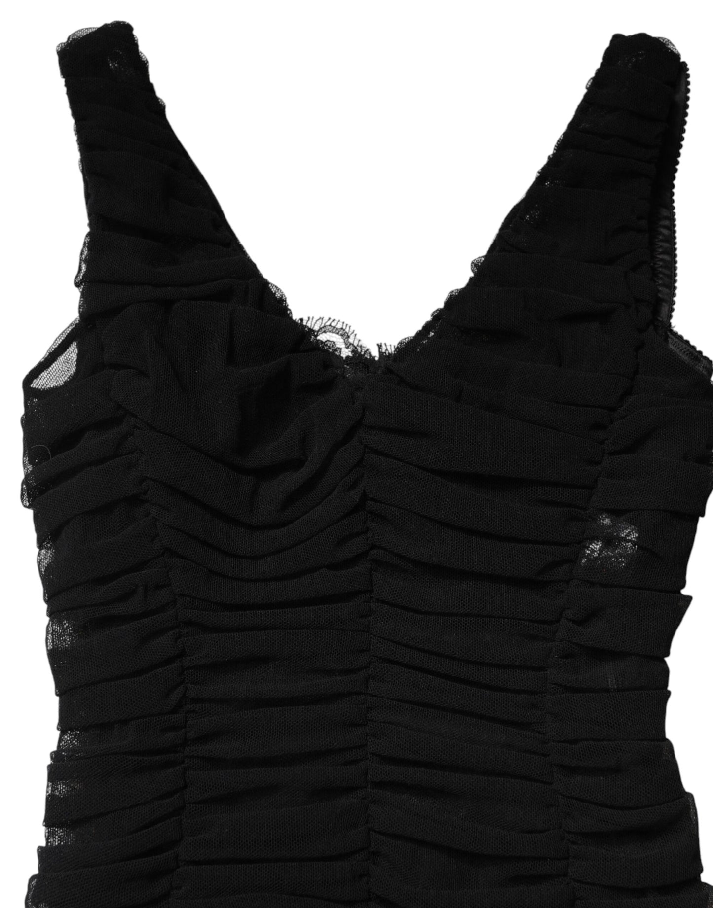 Black V-Neck Ruched Lace Hem Midi Dress