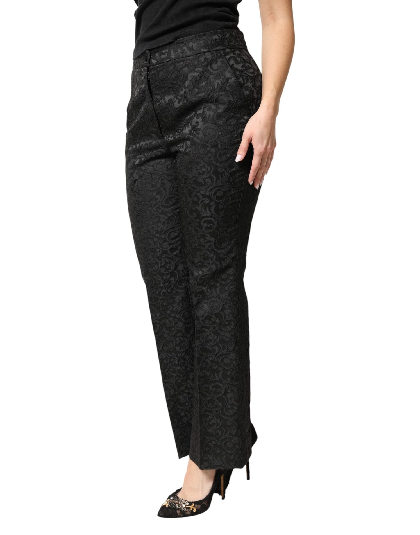 Black Floral Brocade High Waisted Trouser Pants