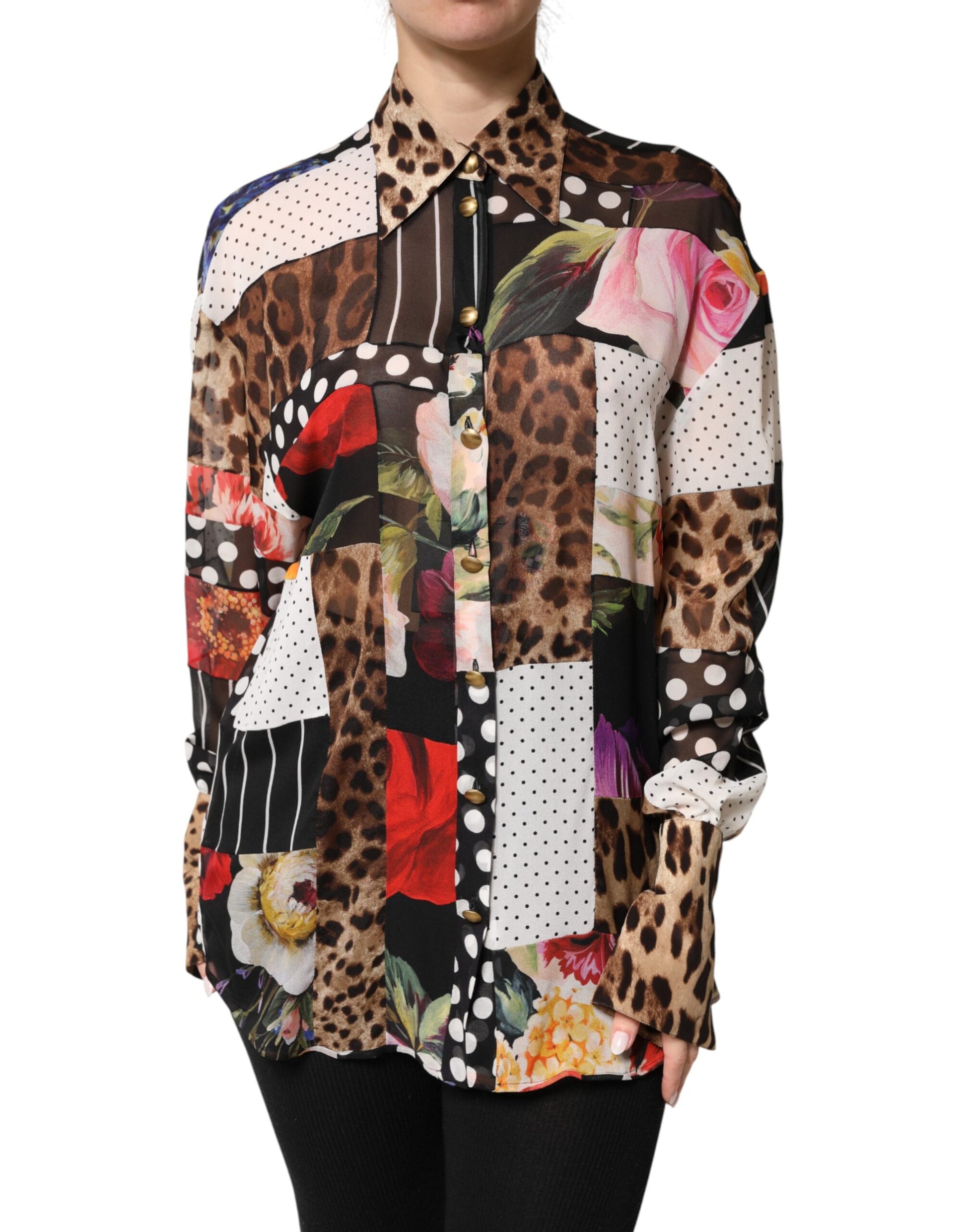 Multicolor Patchwork Silk CollaredBlouse Top