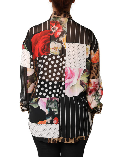 Multicolor Patchwork Silk CollaredBlouse Top