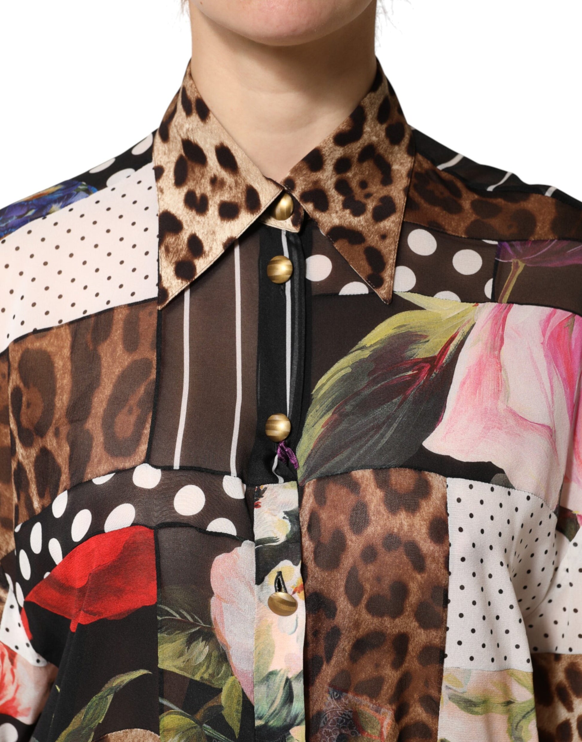 Multicolor Patchwork Silk CollaredBlouse Top