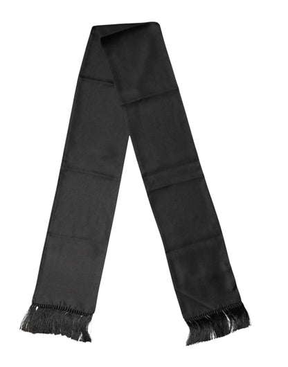 Black Satin Silk Fringes Neck Foulard 143.5cm x15cm Scarf
