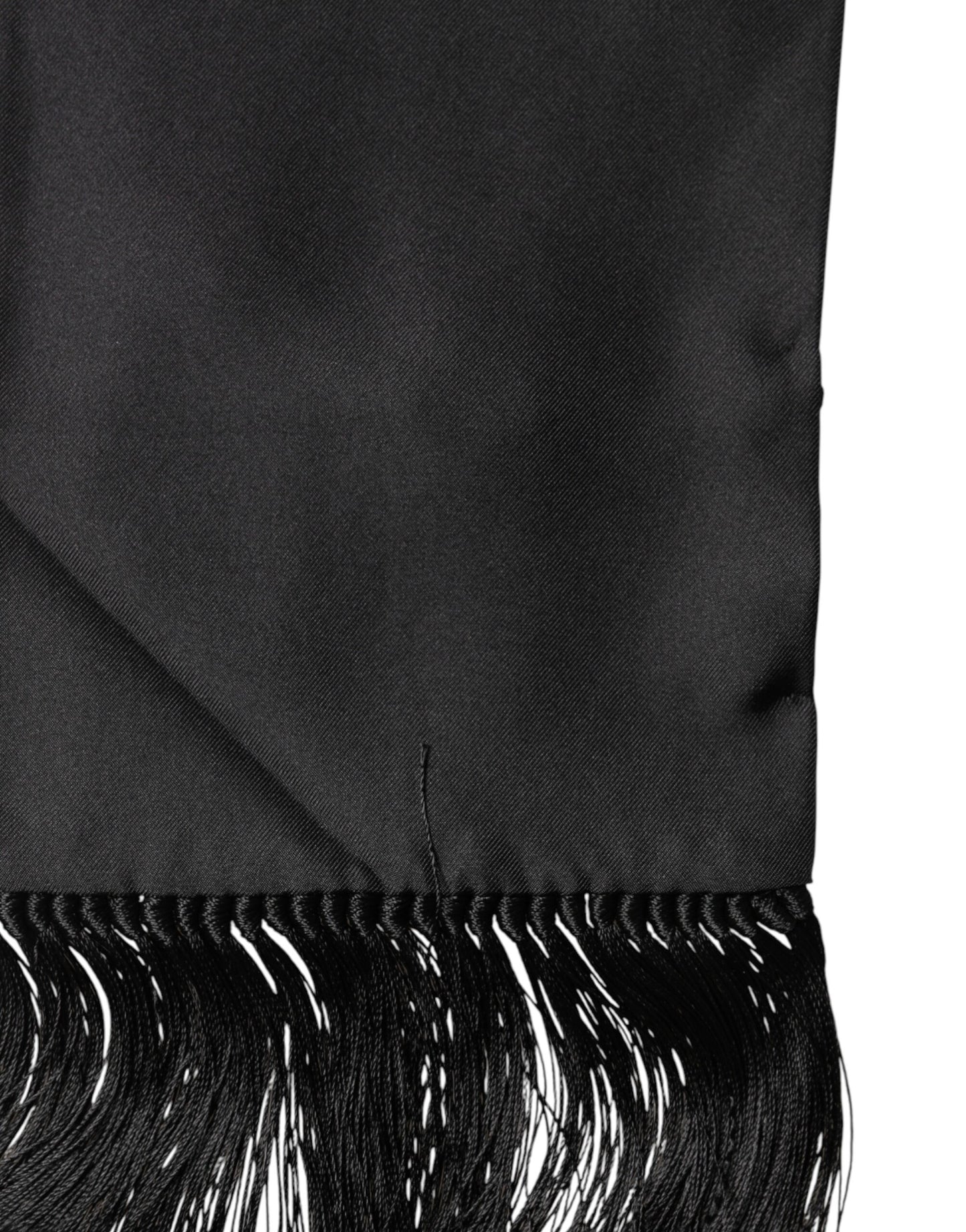 Black Satin Silk Fringes Neck Foulard 143.5cm x15cm Scarf