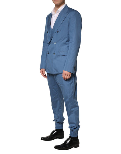 Blue Cotton Double Breasted 2 Piece  Suit