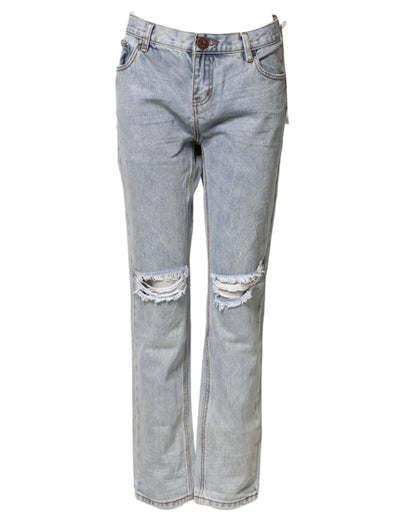 Light Blue Tattered Mid Waist Straight Denim Jeans