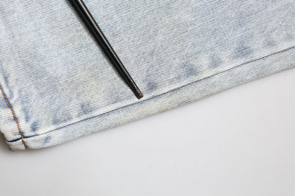 Light Blue Tattered Mid Waist Straight Denim Jeans