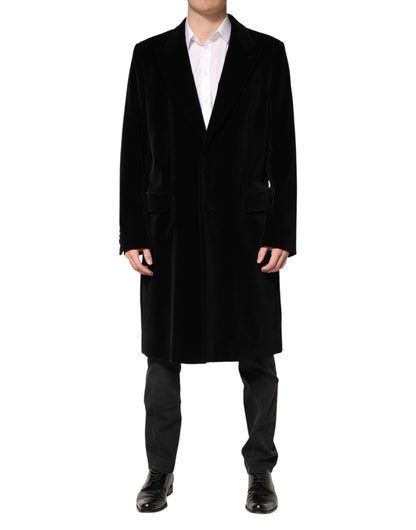 Black Cotton Velvet Long Trench Coat Jacket