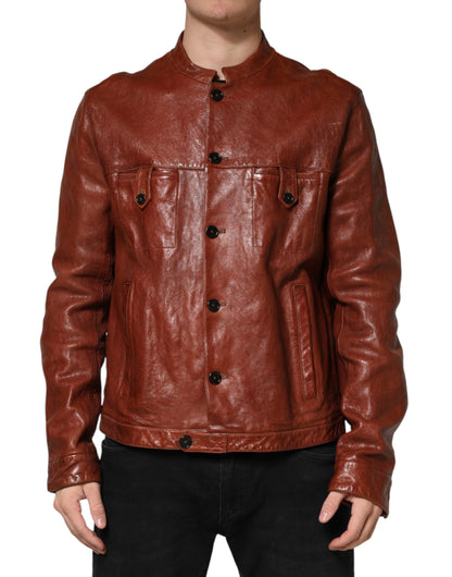 Brown Leather Button Down Men Biker Jacket