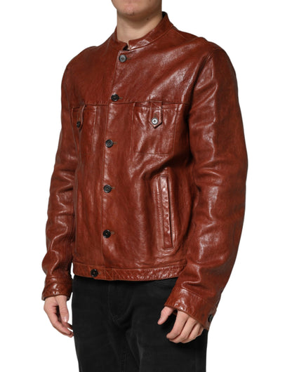 Brown Leather Button Down Men Biker Jacket